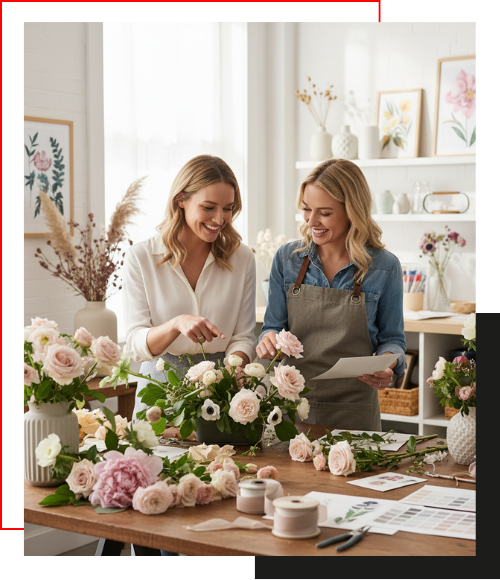 two smiling florists collaborating in a bright studio, arranging light pink and white roses and anemones in a centerpiece while reviewing design notes and color swatches