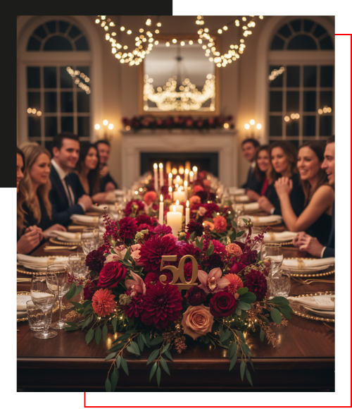 a formal dinner table decorated with a rich, dark red and burgundy floral centerpiece, glowing candles, and a golden "50" embellishment, surrounded by elegantly dressed guests