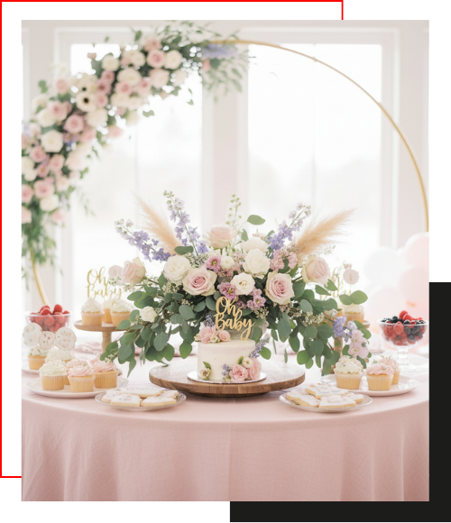a beautifully decorated baby shower dessert table with a light pink tablecloth, a small "Oh Baby" cake, cupcakes, cookies, and a lush centerpiece of pink, white, and lavender flowers with pampas grass, all set against a large floral arch